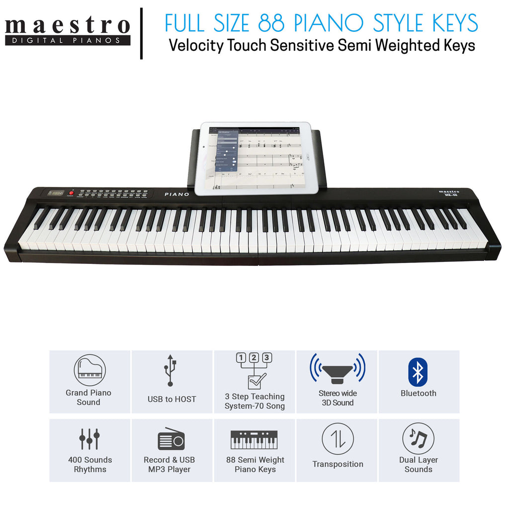 Maestro MK-88 Beginner 88-Key Digital Piano - Touch Sensitive Full-Sized Keyboard w/ Bluetooth, USB & Mp3 Player